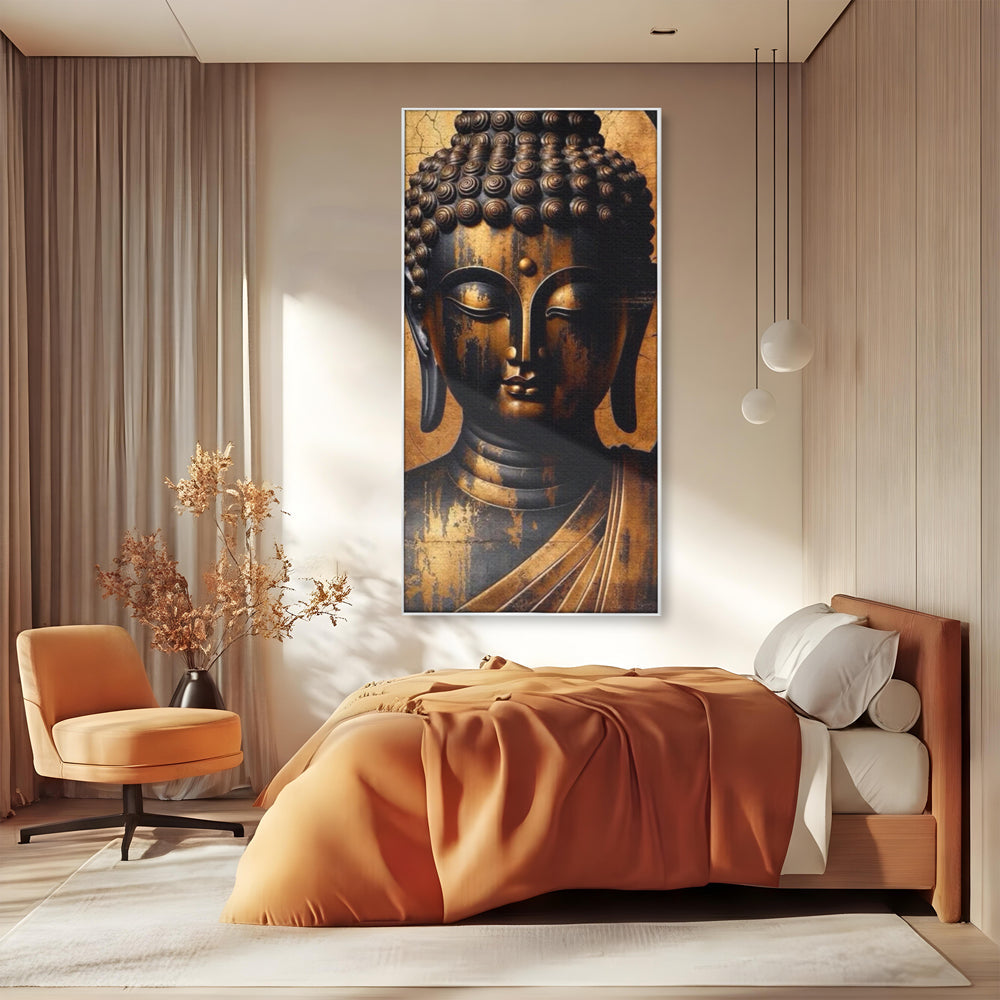 Tablou canvas cu tablou canvas cu capul lui buddha, in rama de aluminiu argintiu, pe perete intr-un dormitor